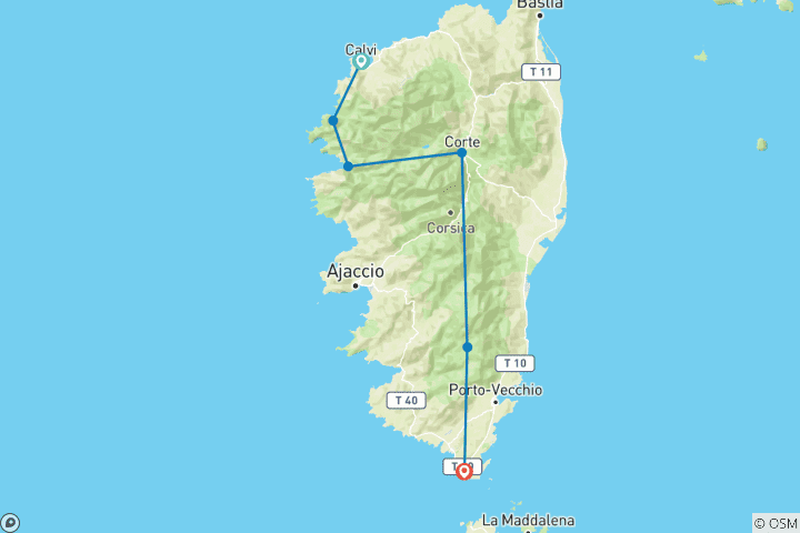 Carte du circuit Corse du Sud - Le GT20 de Calvi à Bonifacio (8 jours)