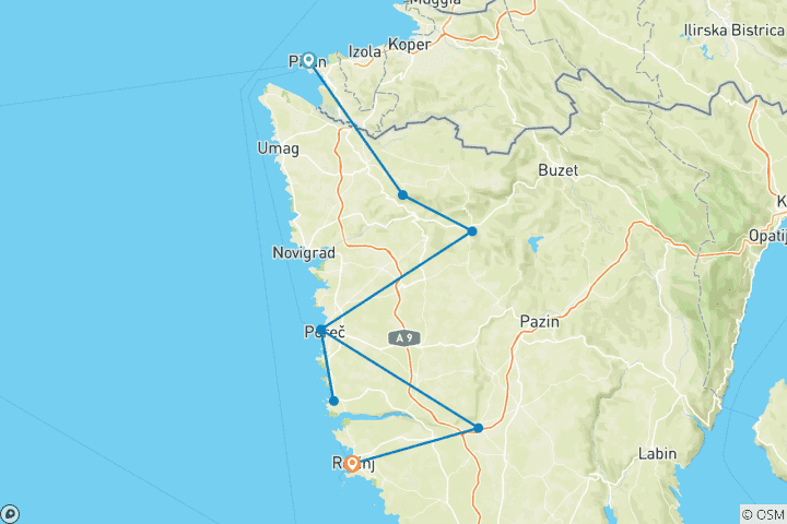 Map of Cycling tour from Slovenia to Croatia (8 days)