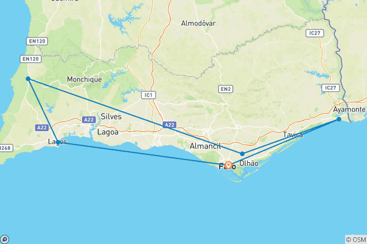 Carte du circuit Voyage guidé à vélo : Circuit de l'Algarve (8 jours)