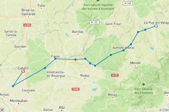 Map of The entire Way of St. James, From Le Puy-en-Velay to Cahors19 Days