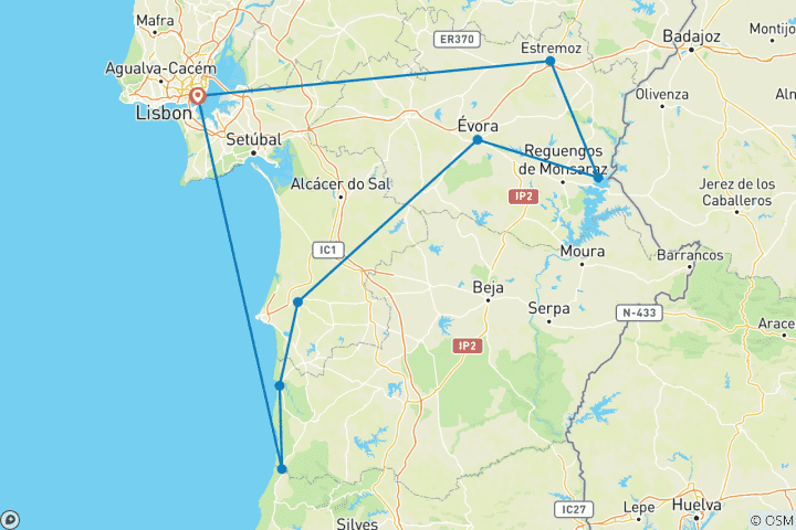 Carte du circuit Voyage guidé à vélo : Les châteaux et les plages du Portugal (8 jours)