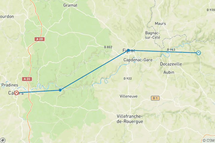 Carte du circuit Le chemin de Saint-Jacques, de Conques à Cahors par la voie de la Célé (9 jours)