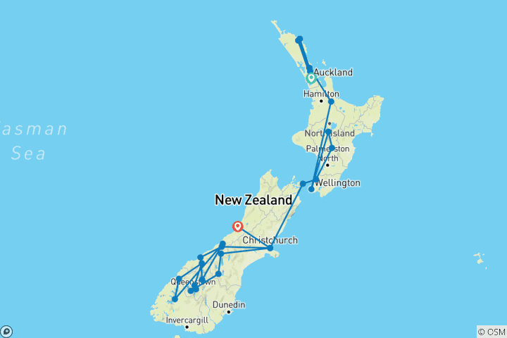 Karte von Neuseeland - Entdeckungstour von Norden nach Süden (23 Tage)