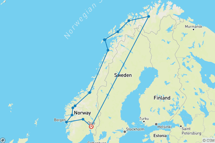 Karte von Fjorde, Lofoten & Nordkap (11 Tage)