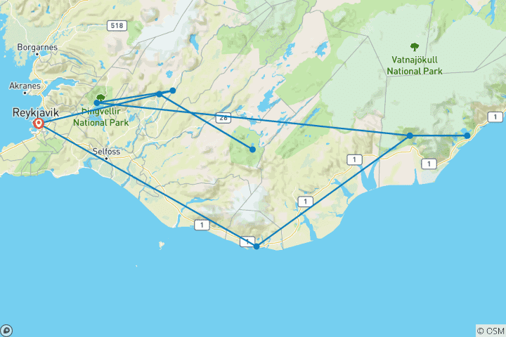 Karte von Roadtrip: Die Highlights von Island (8 Tage)