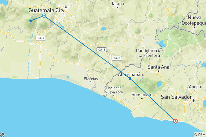 Carte du circuit Amérique centrale : randonnée, vélo et kayak