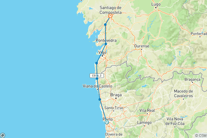 Map of Cycling Along the Atlantic - From Porto to Santiago 8 Days
