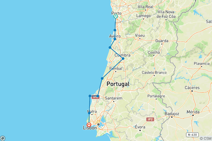Karte von Portugal - Von Porto nach Lissabon (12 Tage)