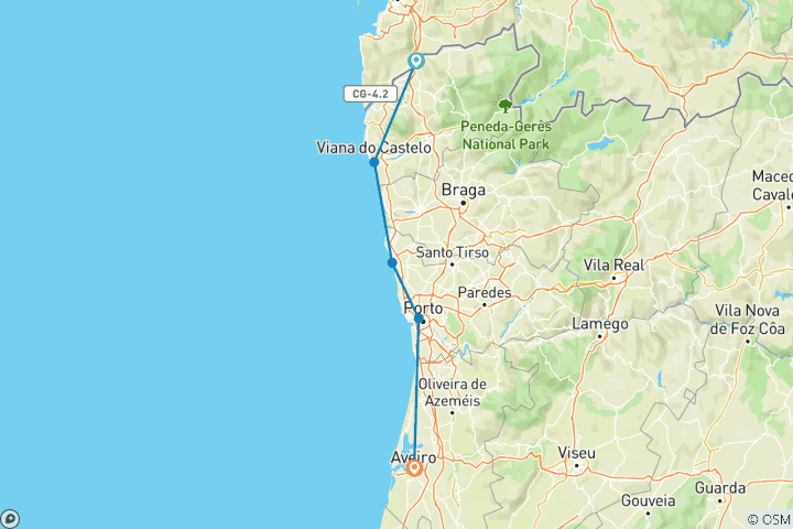 Map of Portugal - The Northern Atlantic Coast 8 Days