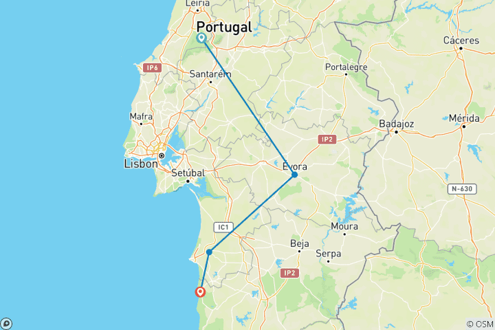 Carte du circuit La diversité du Portugal - Circuit des 3 régions (8 jours)