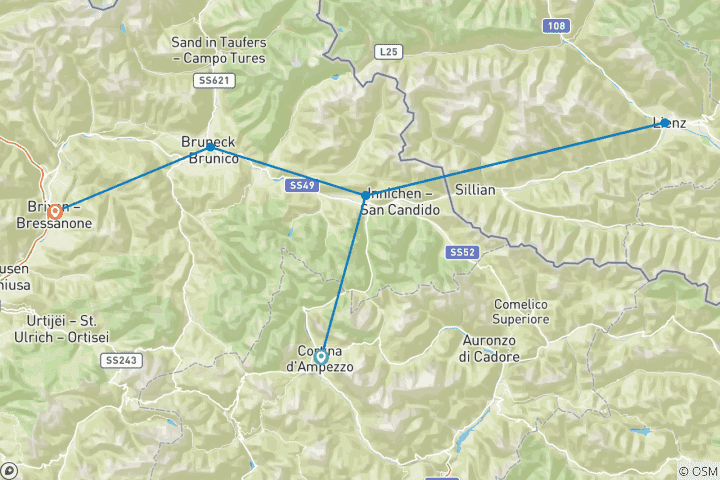 Carte du circuit Piste cyclable des Dolomites de Cortina à Bressanone (7 jours)