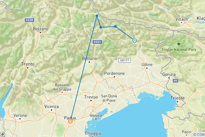 Mapa de Semana de senderismo en los parques naturales de los Dolomitas (8 días)