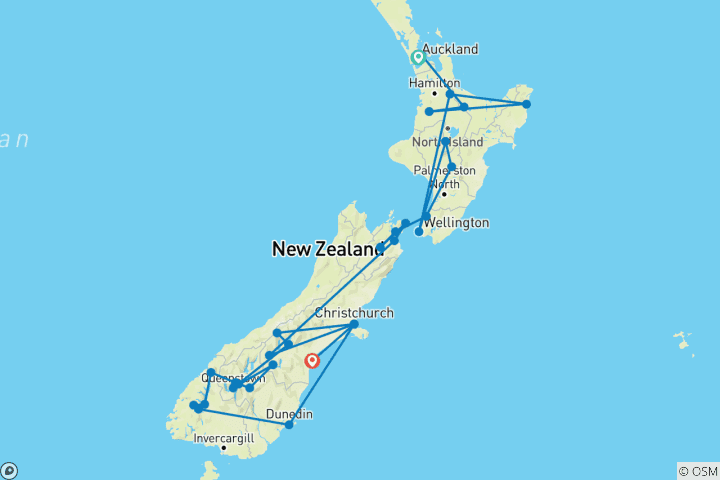 Karte von Neuseelands Highlights (19 Tage)