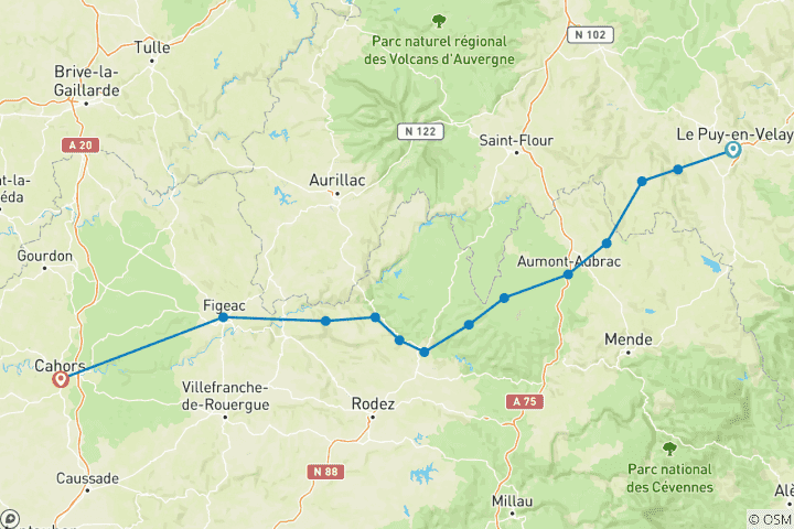 Map of From Le Puy en Velay to Cahors via the Voie de la Célé19 Days
