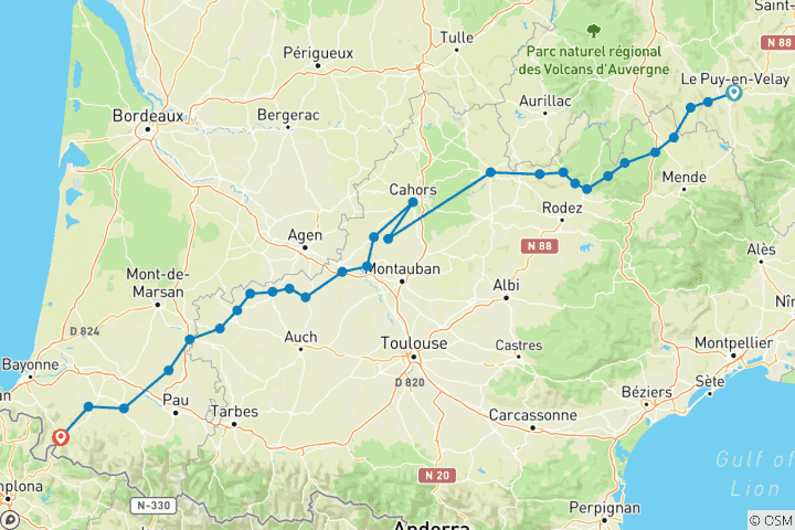 Carte du circuit Du Puy-en-Velay à Saint-Jean-Pied-de-Port (38 jours)