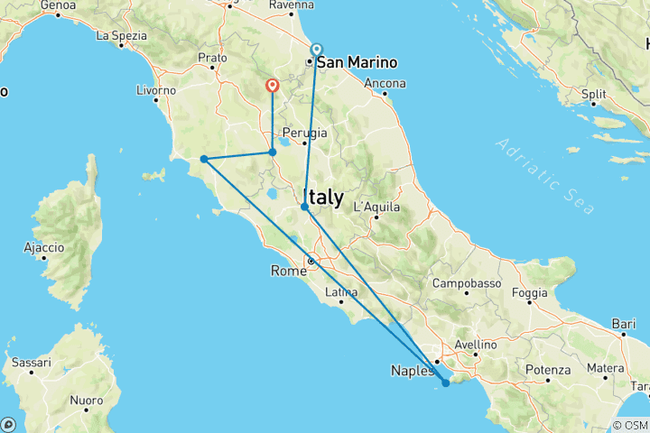 Map of St. Francis' Way - Rimini to Chiusi della Verna (8 days)