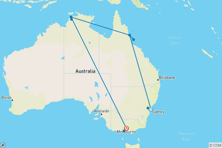 Map of The Ultimate Australian Adventure 14 Days