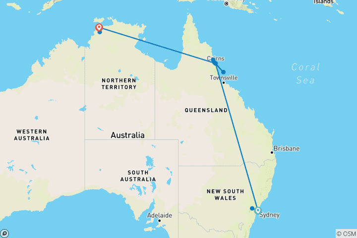 Map of Australia - Reefs, Rainforest and Red Earth 13 Days