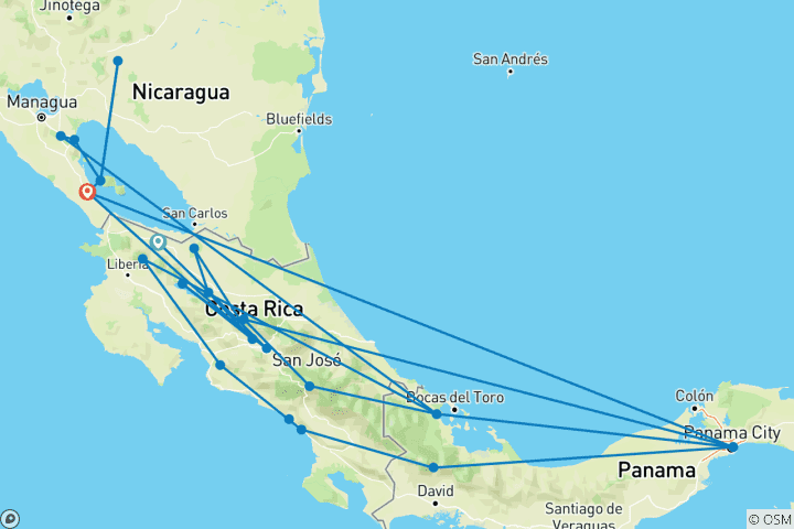 Map of Costa Rica, Nicaragua & Panama 21 Days