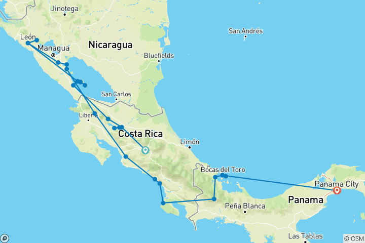 Map of Costa Rica, Nicaragua & Panama 21 Days
