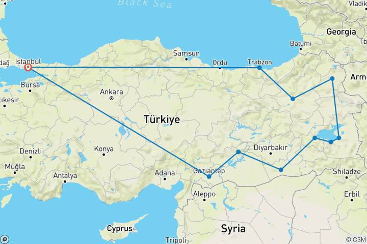 Carte du circuit Turquie orientale au départ d'Istanbul - 14 jours