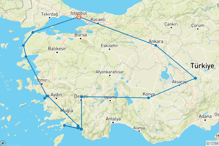 Map of Classic Turkey & Gulet Cruise - 13 days