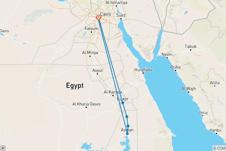 Kaart van 9 Daagse Rondreis - Ontsnap aan Egypte - Internationale Vlucht Inc: Piramides, GEM & 5 Sterren Nijlcruise (Luchtballon)