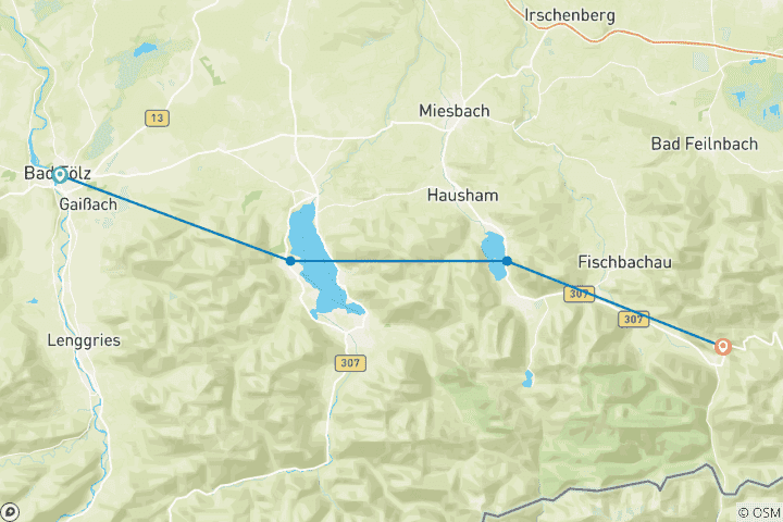 Kaart van Meren en bergpaden in Opper-Beieren met bagagetransfer
