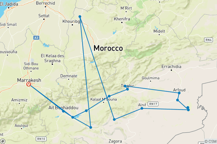 Kaart van Sahara en Kasbahs: Een 4-daags Marokkaans woestijnavontuur
