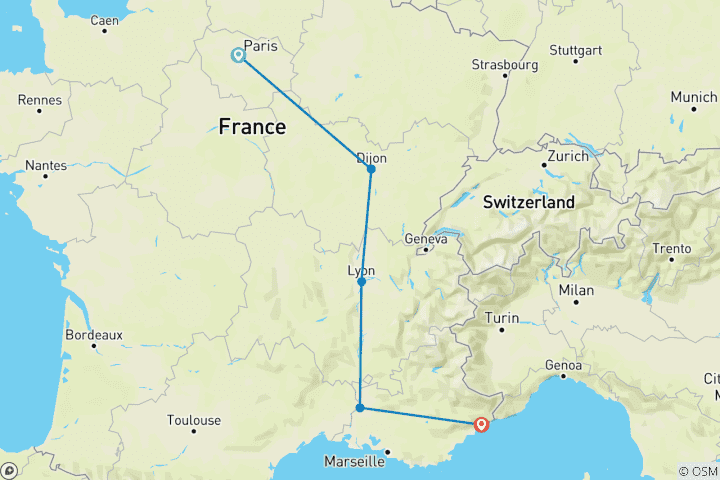 Karte von Abenteuerliche 12 Tage in Frankreich: Paris, Dijon, Lyon, Avignon und Nizza
