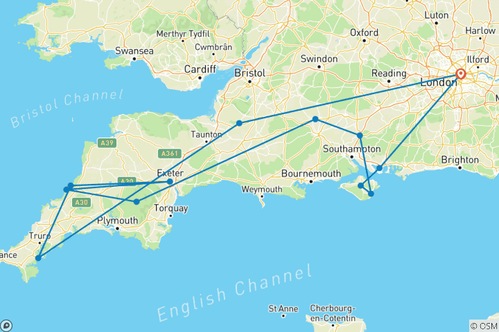 Map of The Isle of Wight, Stonehenge, Cornwall & the Southern Coast - 7 Days - Small Group