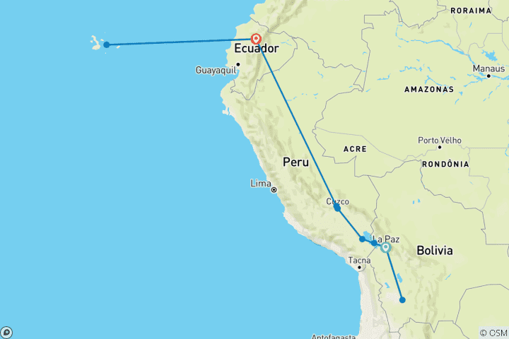 Carte du circuit Plaines de sel, vallées sacrées et îles tropicales : Bolivie, Pérou et Équateur avec les Galápagos