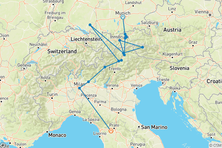 Kaart van Van de metropool aan de Isar naar Milaan (10 dagen)