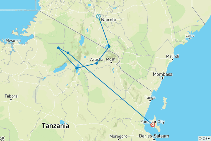 Karte von 10-Tage Kenia & Tansania Safari & Sansibar Strandurlaub