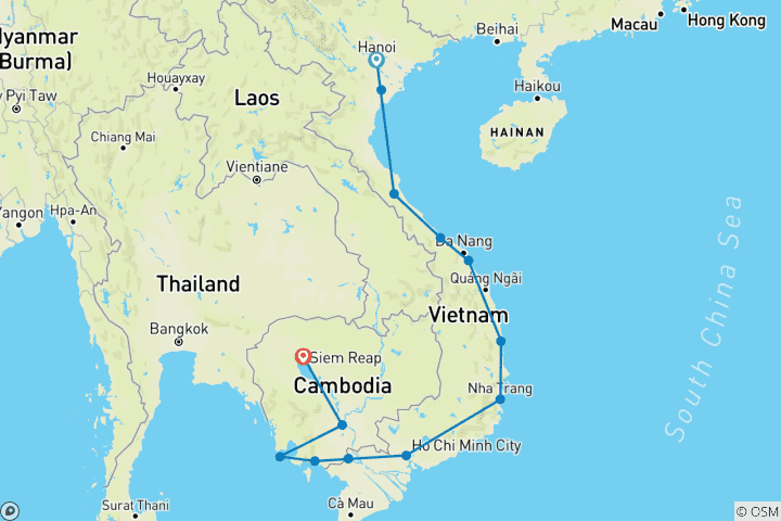 Carte du circuit Du Vietnam au Cambodge : Auberges de jeunesse à Hanoi, plages et ruines anciennes