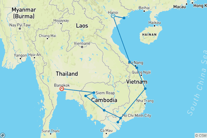 Map of Vietnam & Cambodia Adventure (from Hanoi to Bangkok)