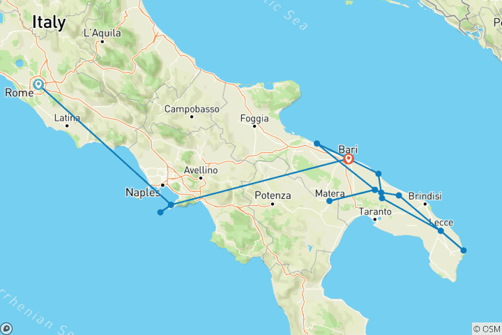 Carte du circuit De Rome à Sorrente, Capri et les Pouilles - 12 jours