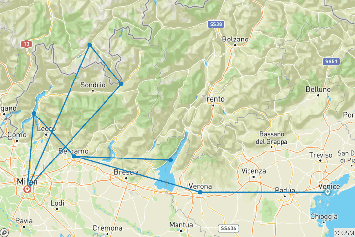 Carte du circuit Venise, lacs du Nord et Milan - 8 jours