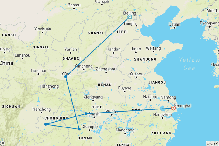 Map of 14 Days Zhangjiajie Avatar Mountains & Yangtze River Cruise Small Group Tour