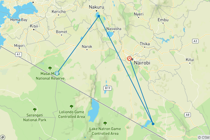 Map of 7-Day Amboseli Lake Nakuru and Maasai Mara 2025 / 2026
