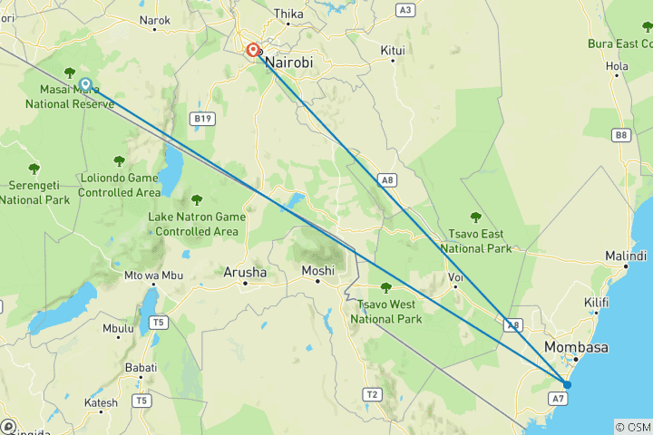 Map of 7-Day Bush and Beach Honeymoon Safari