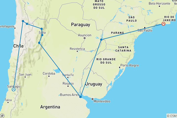 Karte von Chile, Argentinien & Brasilien Rundreise - 17 Tage Wüste, Metropolen & Wasserfälle