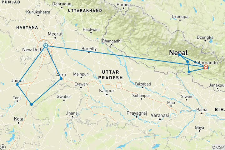 Carte du circuit Aventure en Inde et au Népal (from Delhi to Katmandou)