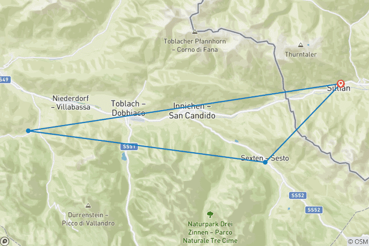 Map of Hiking in the Sesto Dolomites 8 Days