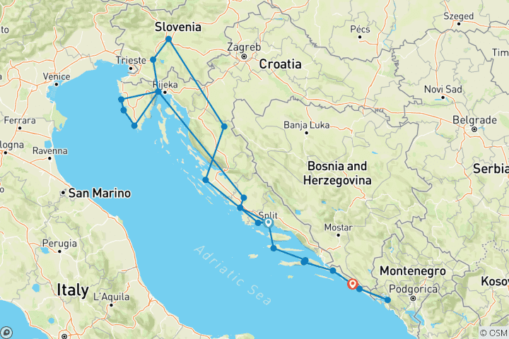 Karte von Die Schätze Kroatiens mit Slowenien und Montenegro