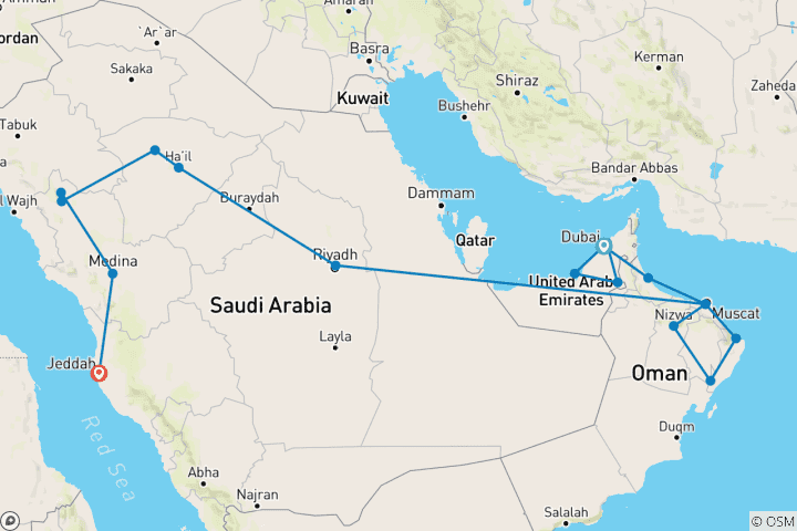 Carte du circuit EAU, OMAN, KSA : Le voyage de la Transarabie