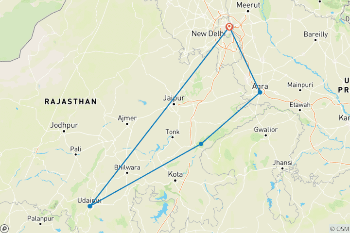 Karte von 8 Tage private Kulturreise durch das Goldene Dreieck - Geführt mit Tigersafari, Seen und Kulturerbe!