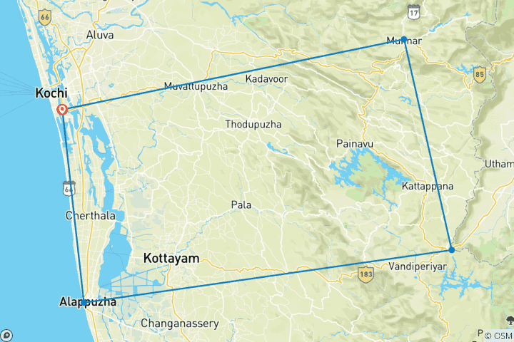 Mapa de Encantador Viaje Privado de 8 Días por Kerala - Colinas de Munnar, Vida Salvaje de Thekkady y Alleppey en Barco-Casa