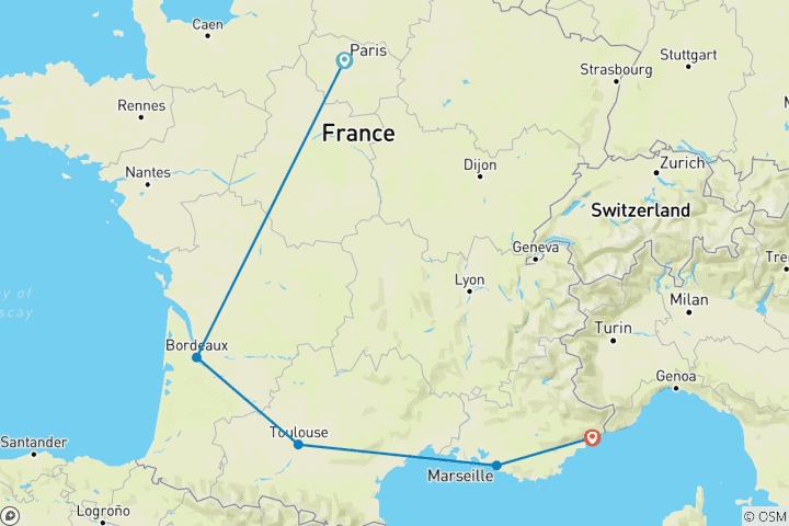 Map of City Lights to Coastal Delights - Covering Paris, Bordeaux, Toulouse, Marseille and Nice