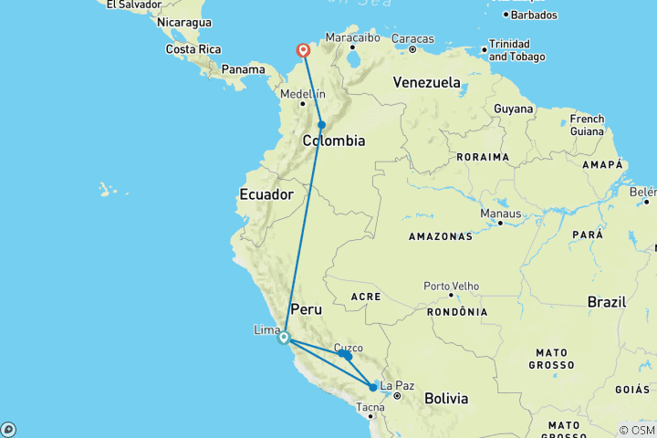Carte du circuit Circuit Pérou & Colombie - 17 jours Hauts plateaux et Caraïbes